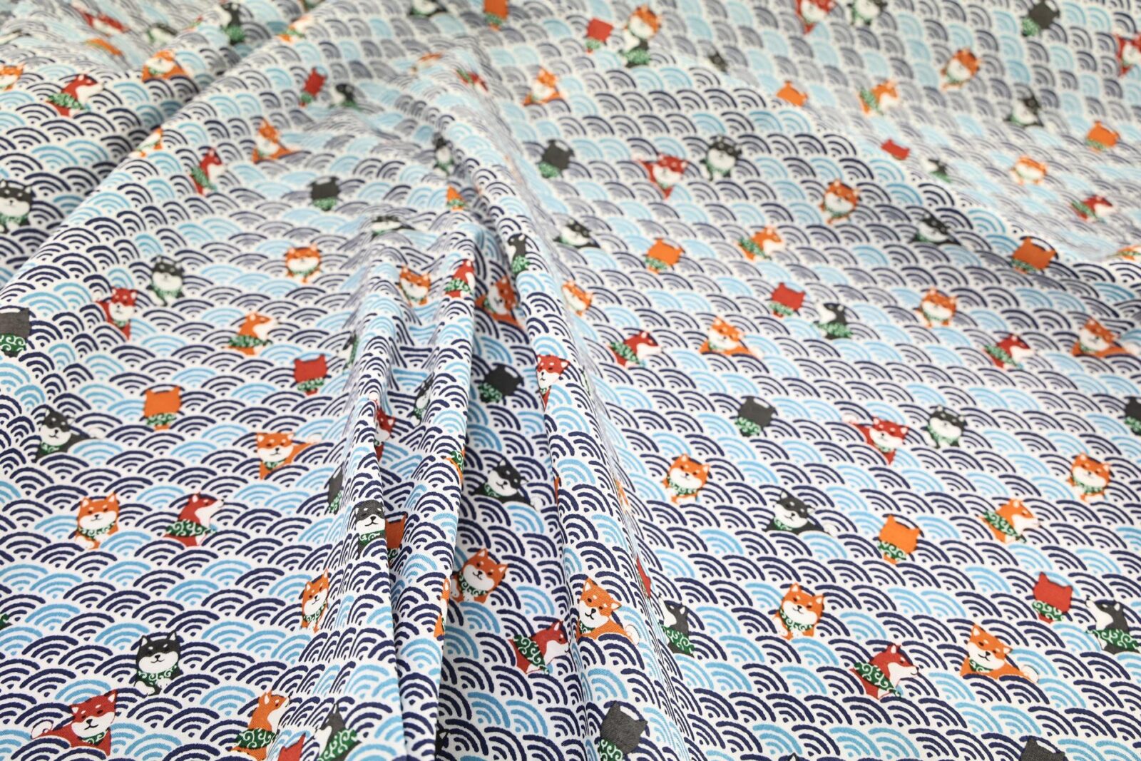 Kawaii Shiba fabric with blue seigaiha waves