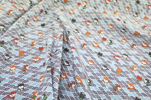 Kawaii Shiba fabric with blue seigaiha waves