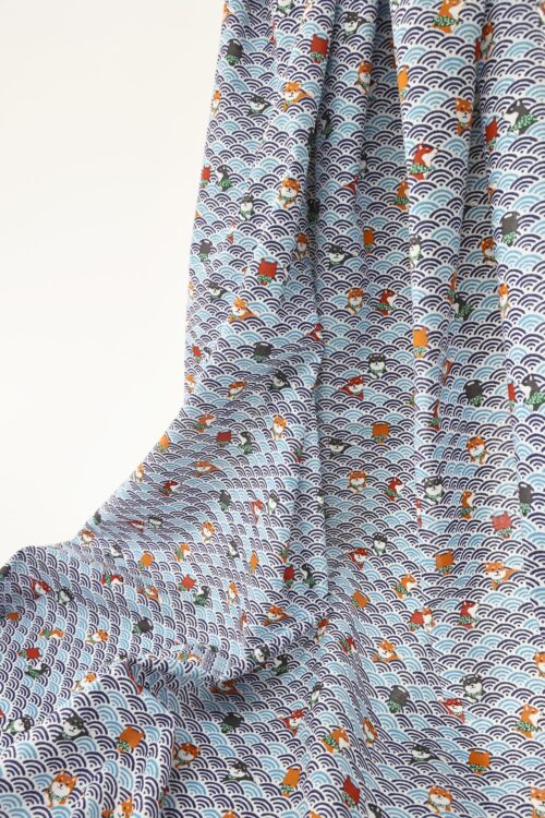 Kawaii Shiba fabric with blue seigaiha waves