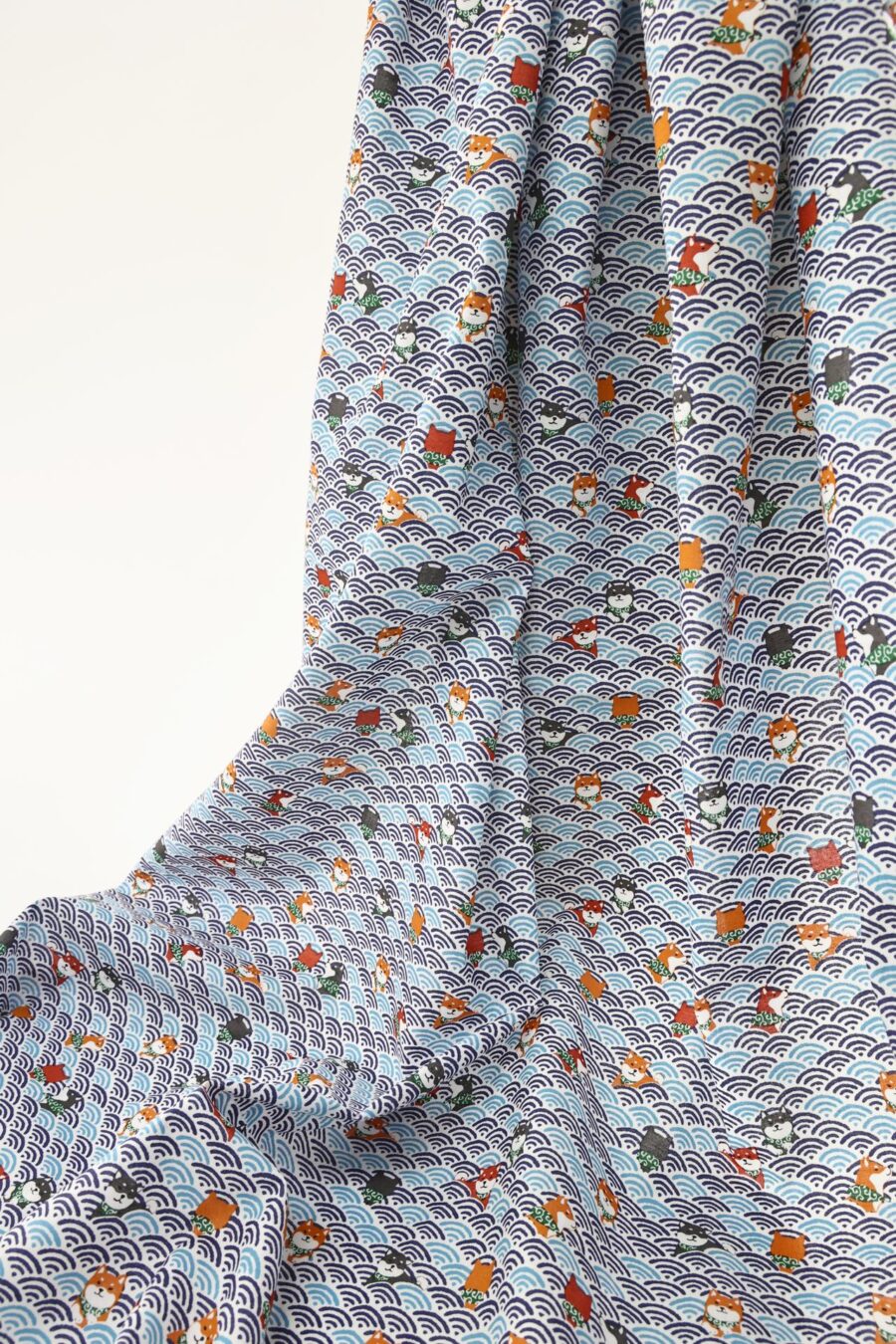 Kawaii Shiba fabric with blue seigaiha waves