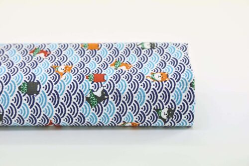 Kawaii Shiba fabric with blue seigaiha waves