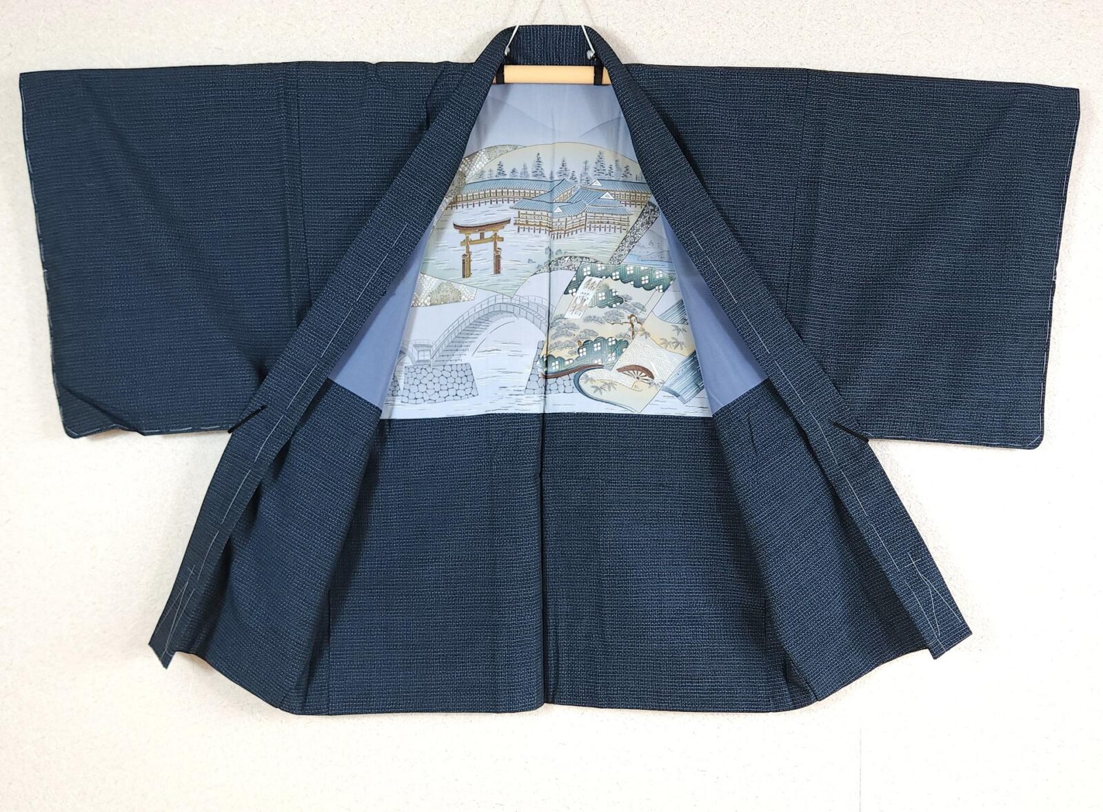 Navy blue men's Kimono set with landscape design