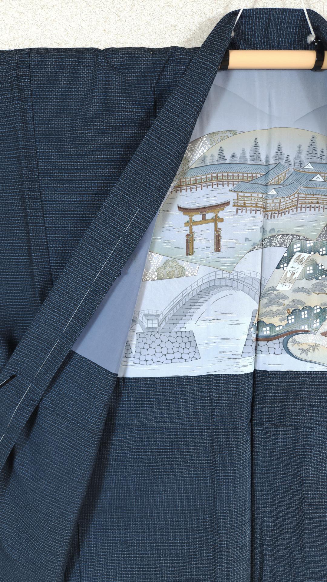 Navy blue men's Kimono set with landscape design
