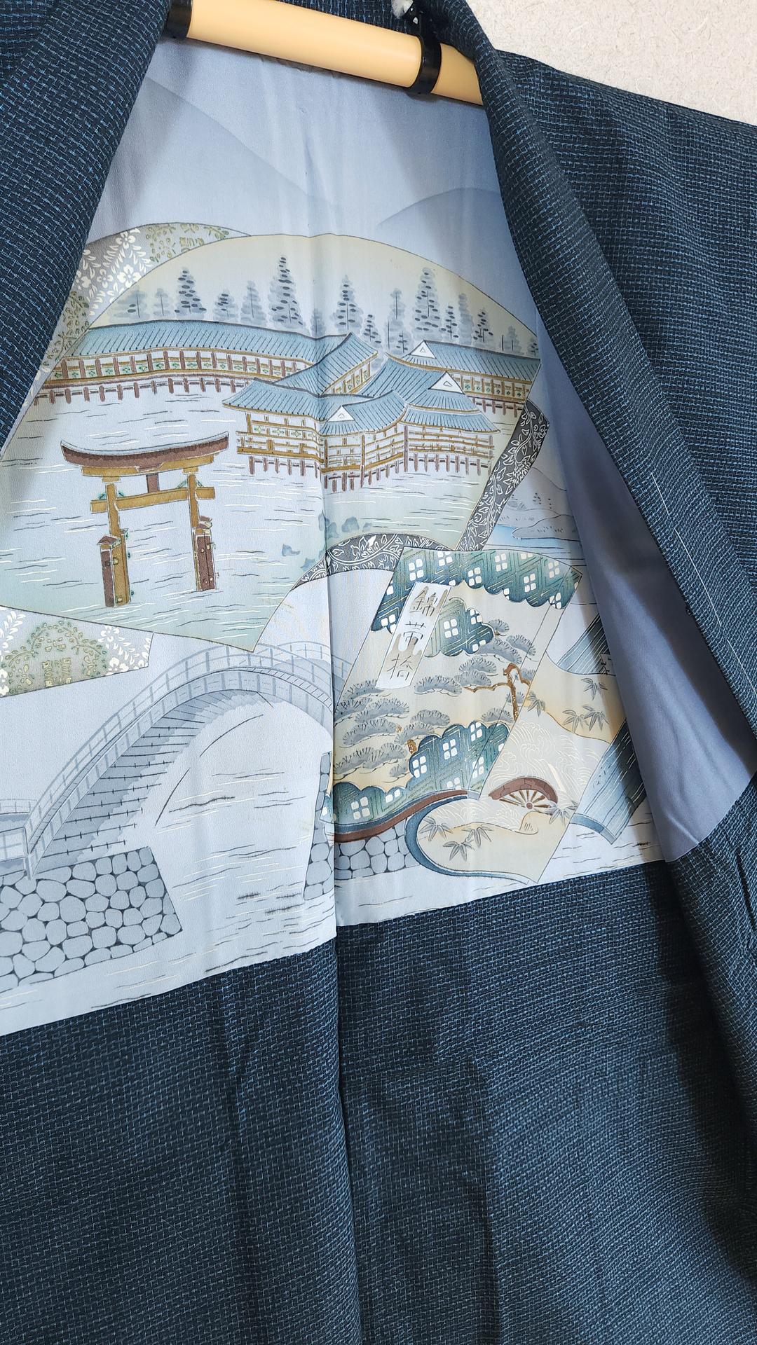 Navy blue men's Kimono set with landscape design