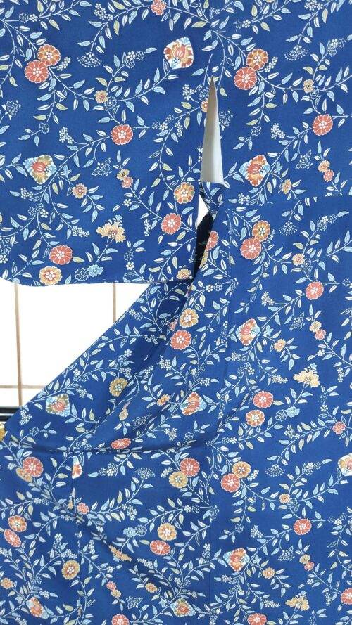 Teal blue Komon Kimono with floral motifs
