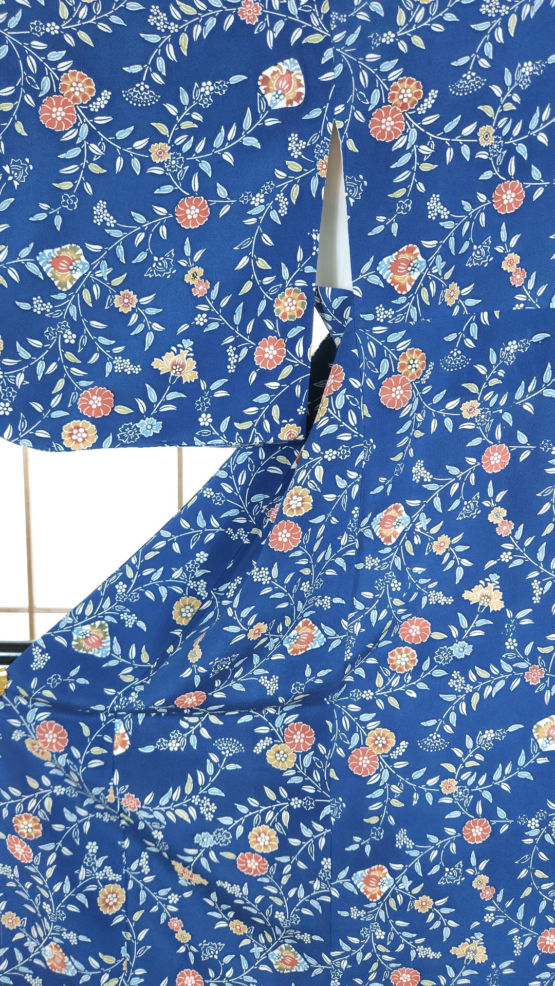 Teal blue Komon Kimono with floral motifs