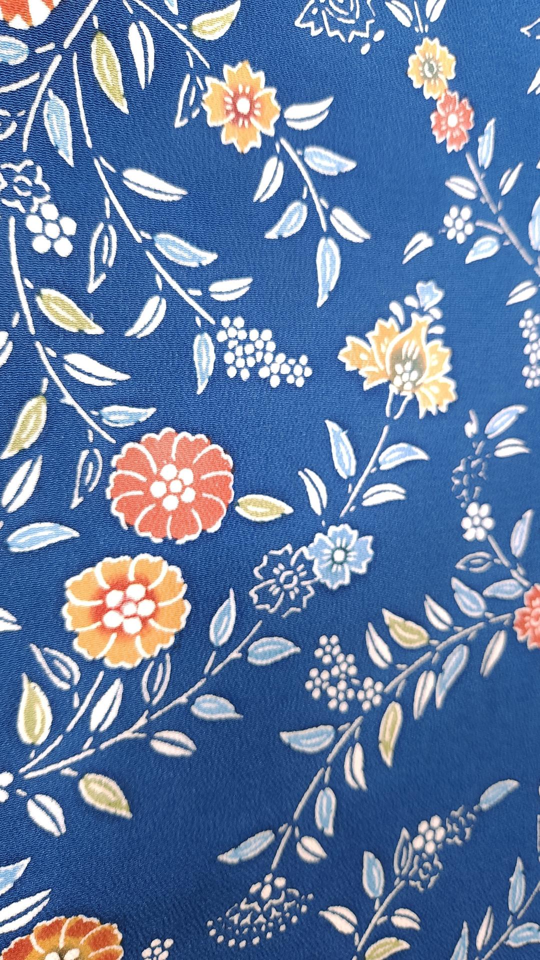 Teal blue Komon Kimono with floral motifs