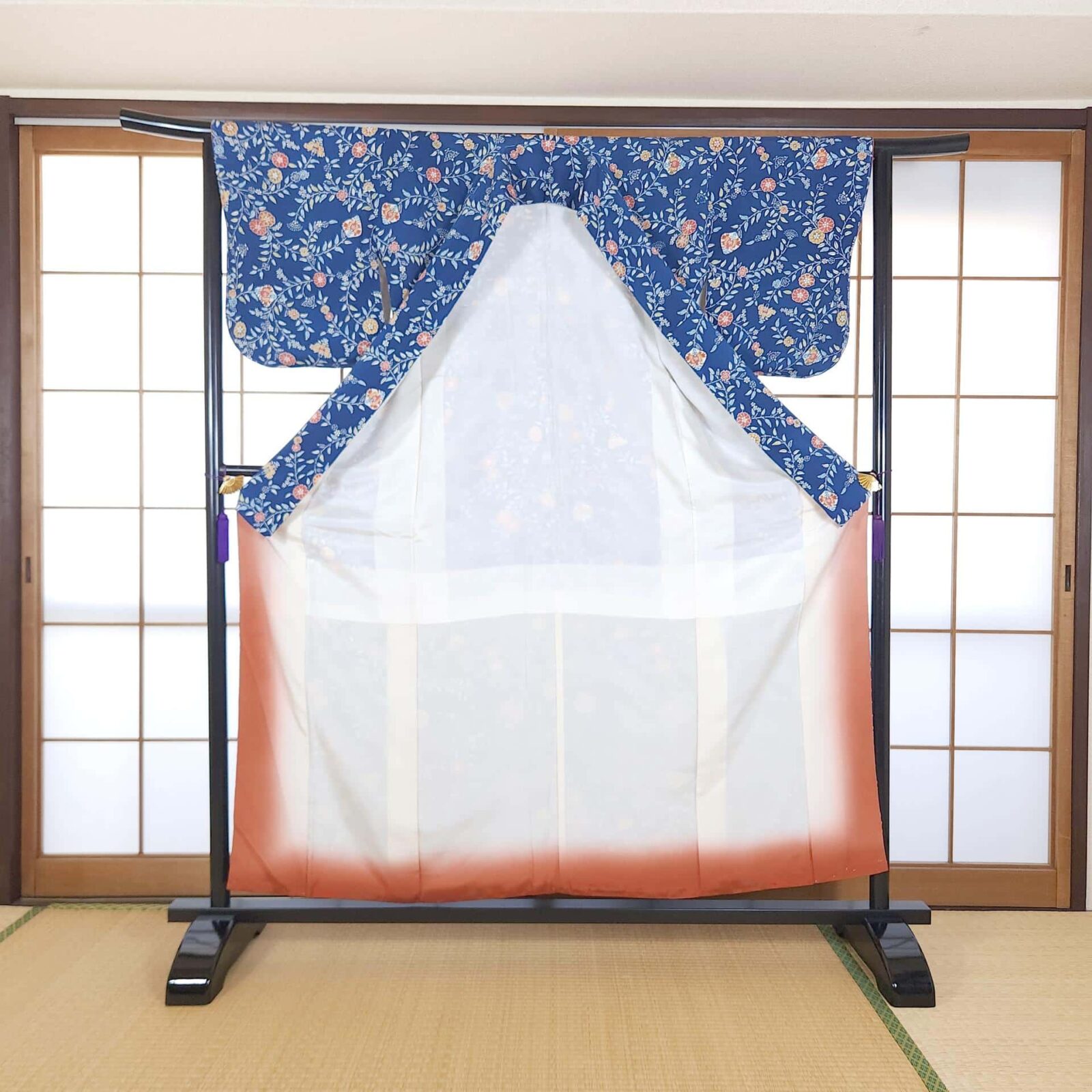 Teal blue Komon Kimono with floral motifs
