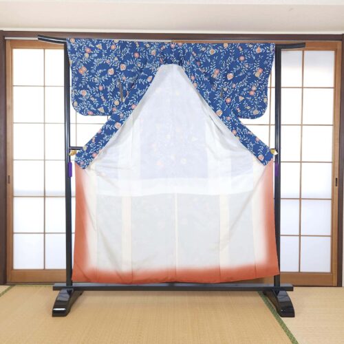Teal blue Komon Kimono with floral motifs