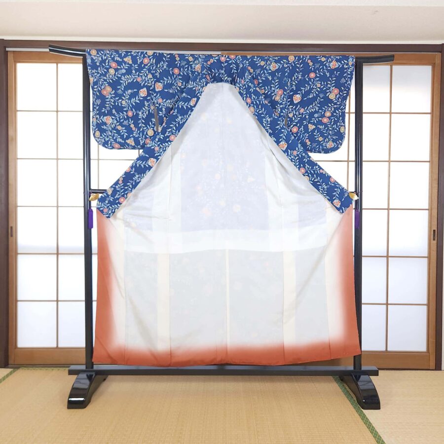 Teal blue Komon Kimono with floral motifs
