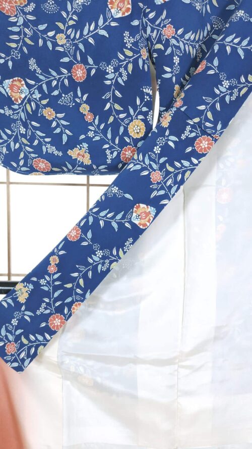 Teal blue Komon Kimono with floral motifs