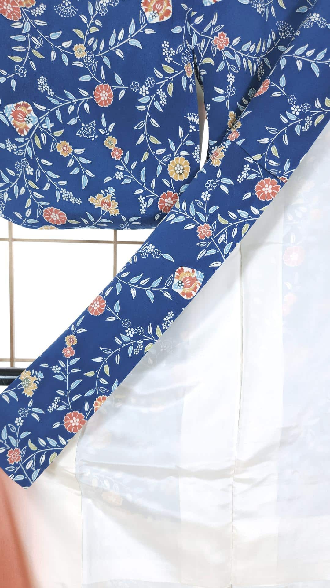 Teal blue Komon Kimono with floral motifs
