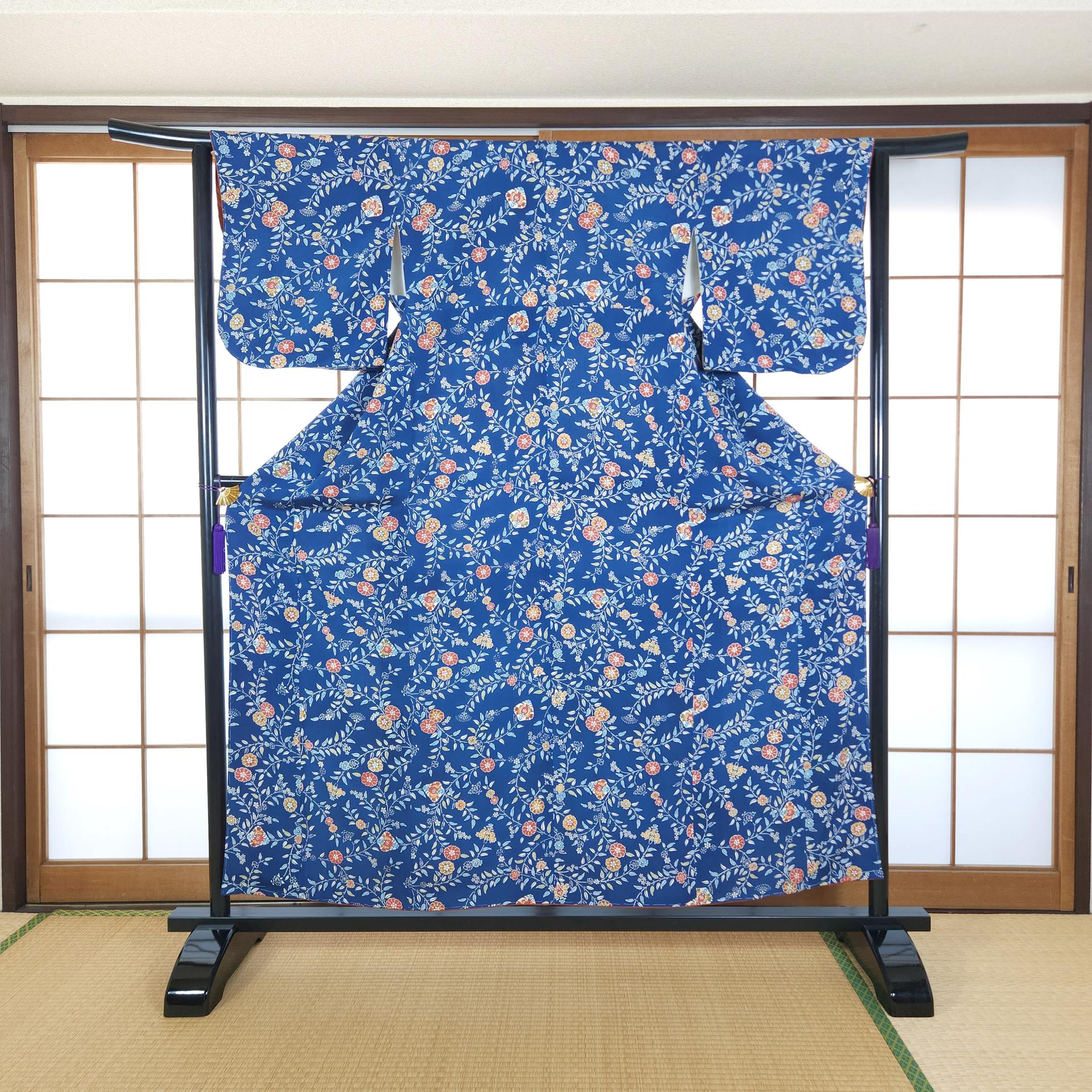 Teal blue Komon Kimono with floral motifs