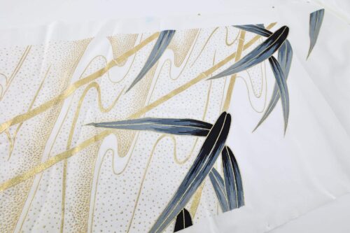 White Kimono Tanmono fabric with golden bamboo