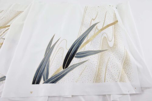 White Kimono Tanmono fabric with golden bamboo