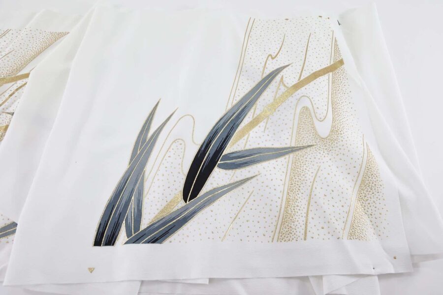 White Kimono Tanmono fabric with golden bamboo