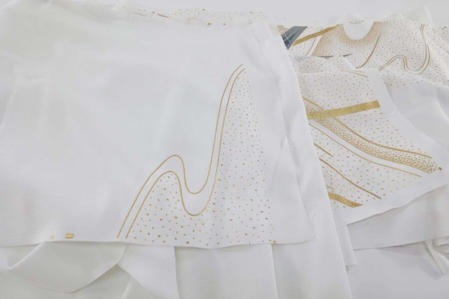 White Kimono Tanmono fabric with golden bamboo