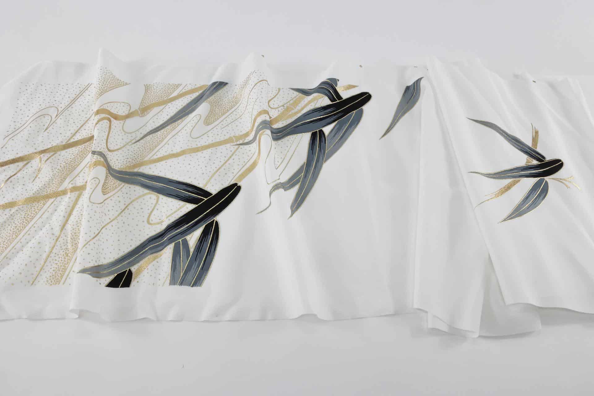 White Kimono Tanmono fabric with golden bamboo