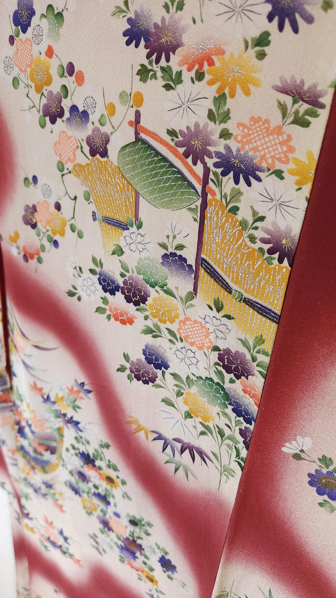 Antique burgundy Komon Kimono floral motifs