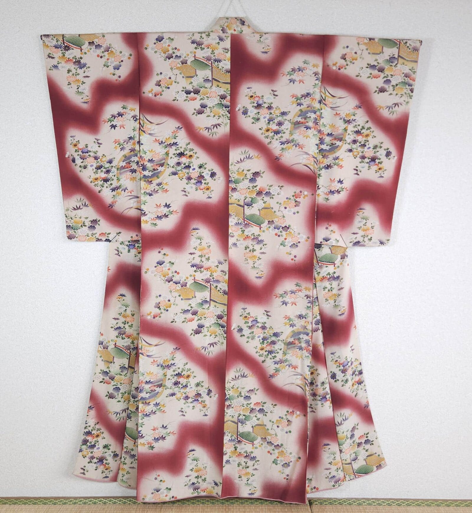 Antique burgundy Komon Kimono floral motifs