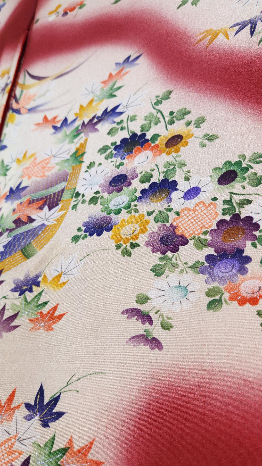 Antique burgundy Komon Kimono floral motifs