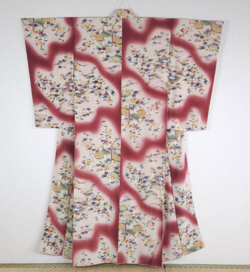 Antique burgundy Komon Kimono floral motifs