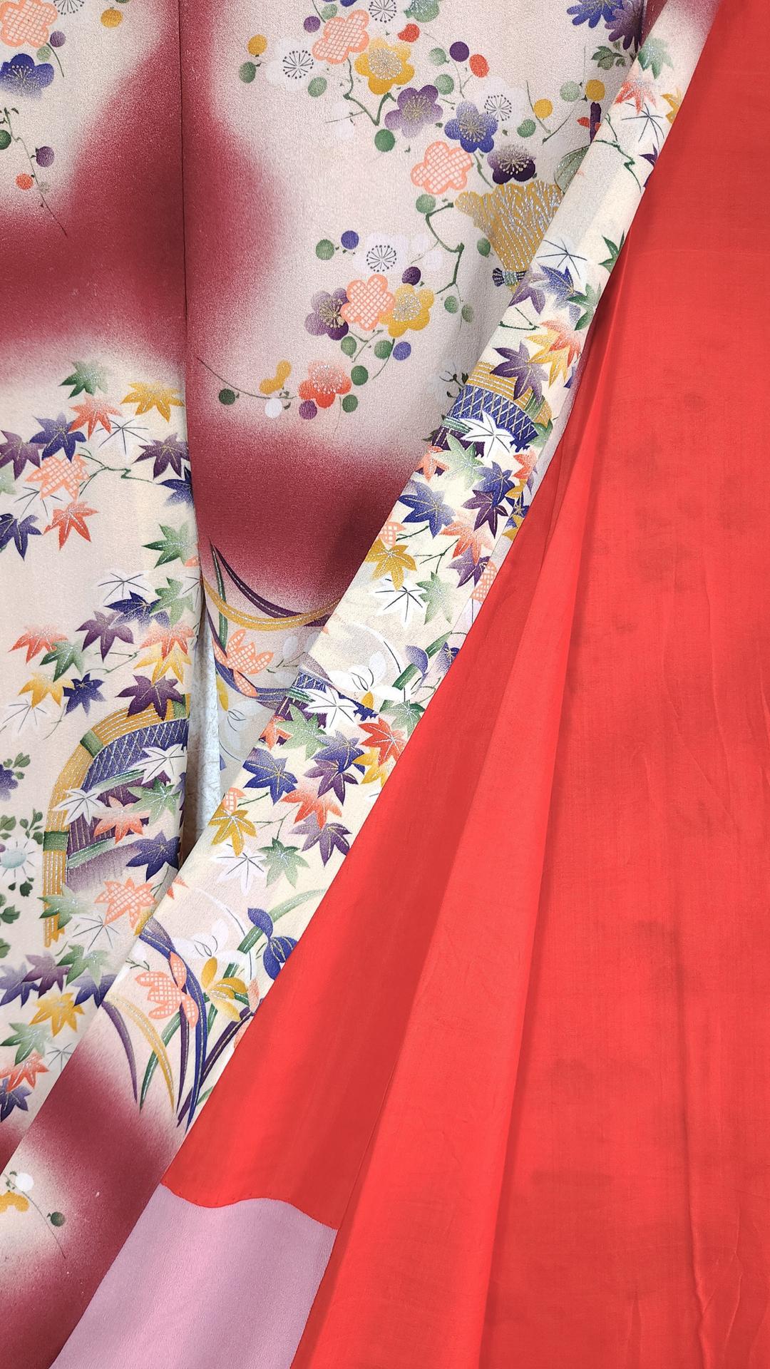 Antique burgundy Komon Kimono floral motifs