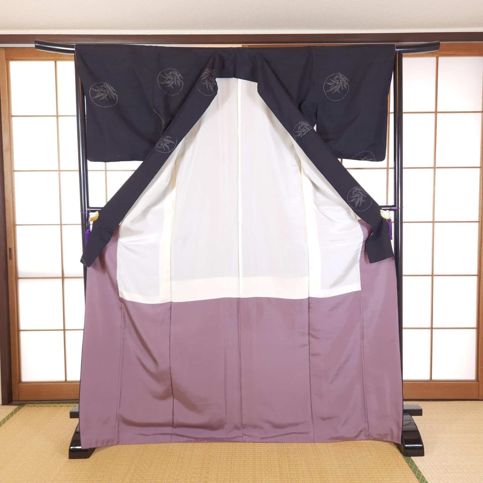 Black Tsumugi Kimono with bamboo leaves