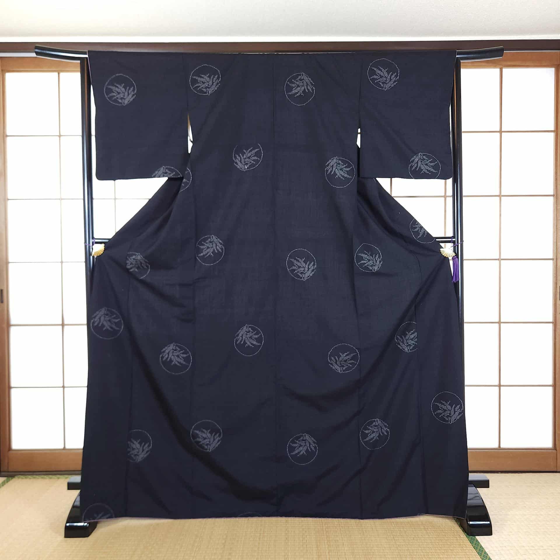 Black Tsumugi Kimono with bamboo leaves