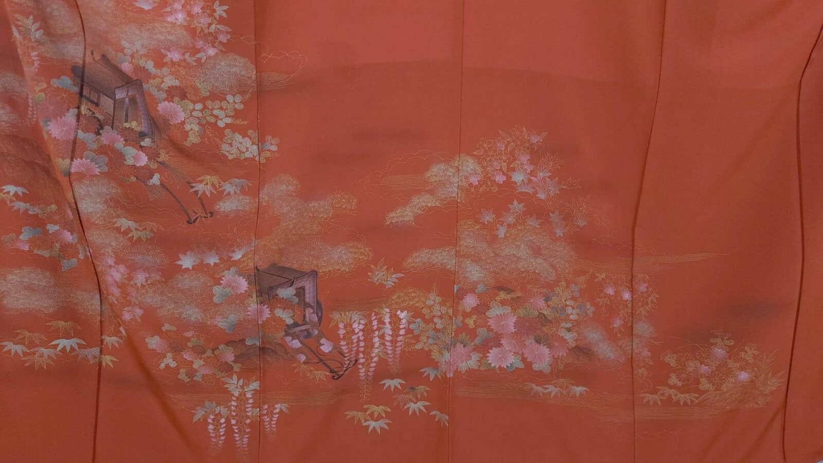 Coral red Iro Tomesode with floral carts