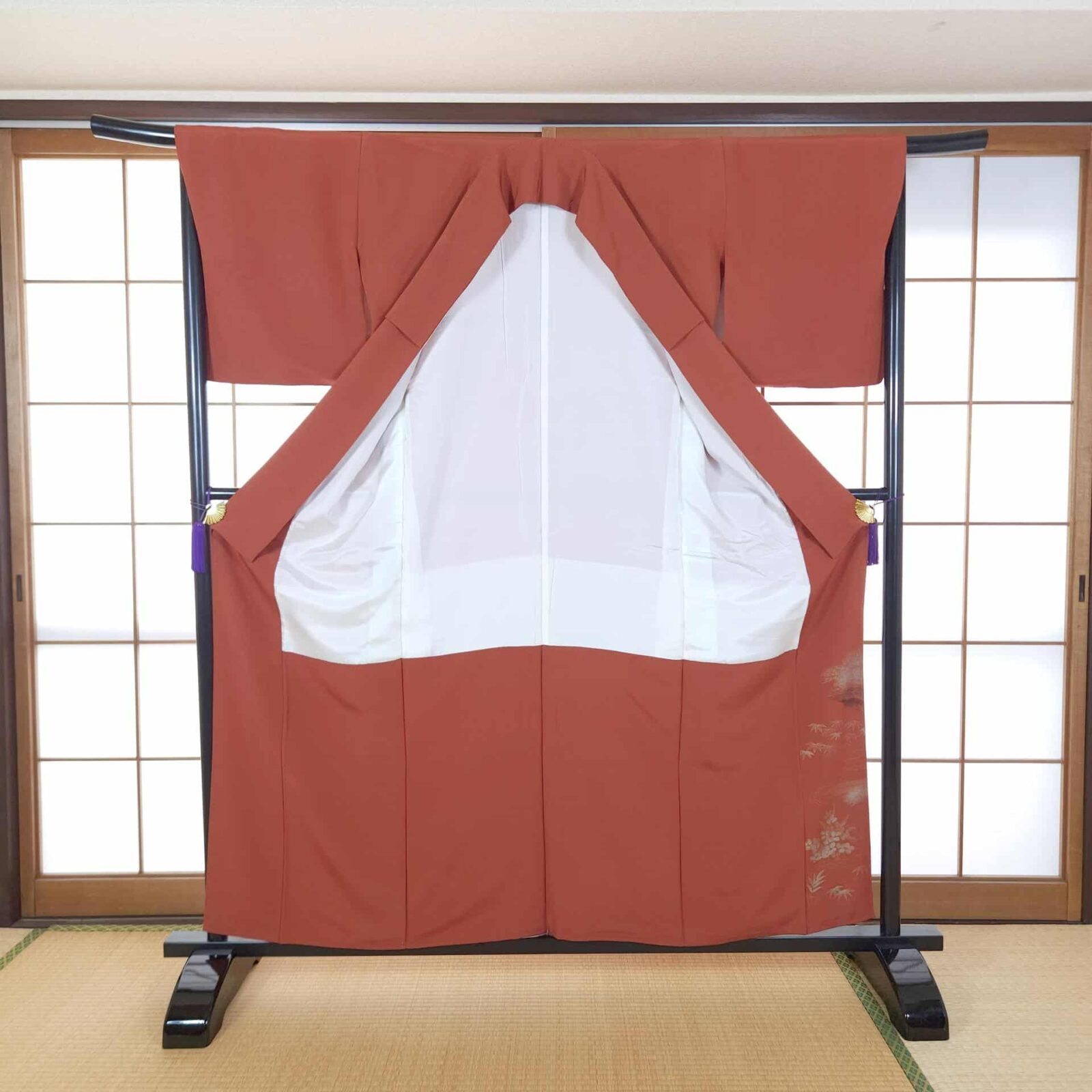 Coral red Iro Tomesode with floral carts