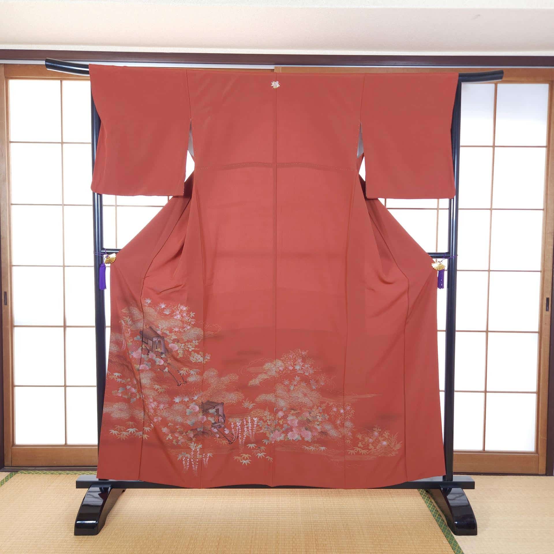 Coral red Iro Tomesode with floral carts