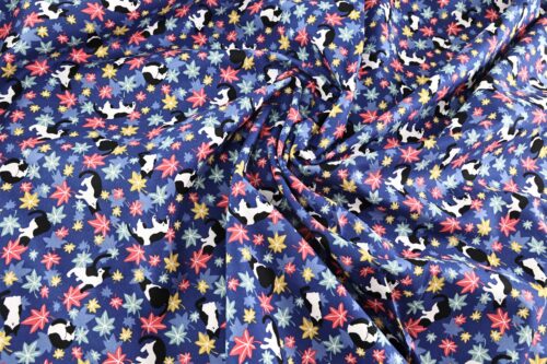 Japanese fabric Kawaii Neko Momiji blue background