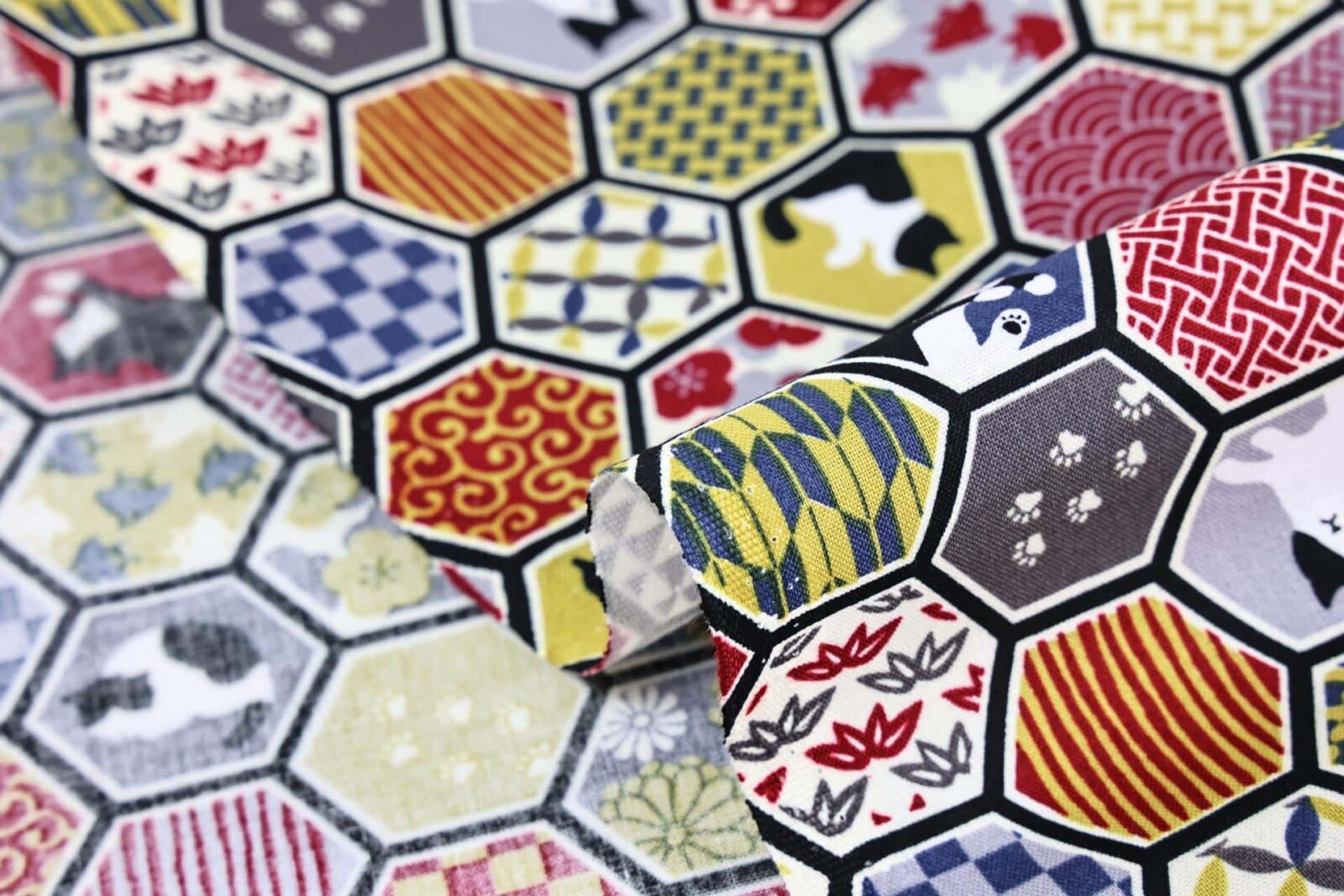 Japanese fabric cats and red geometric patterns