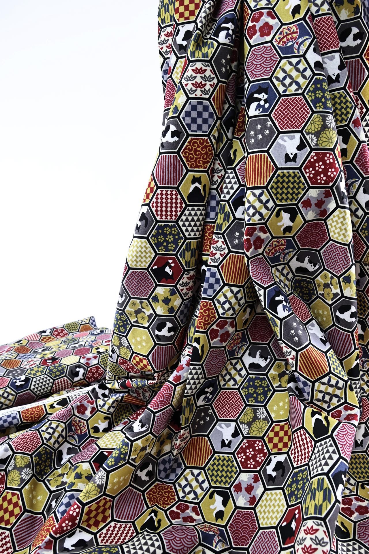 Japanese fabric cats and red geometric patterns