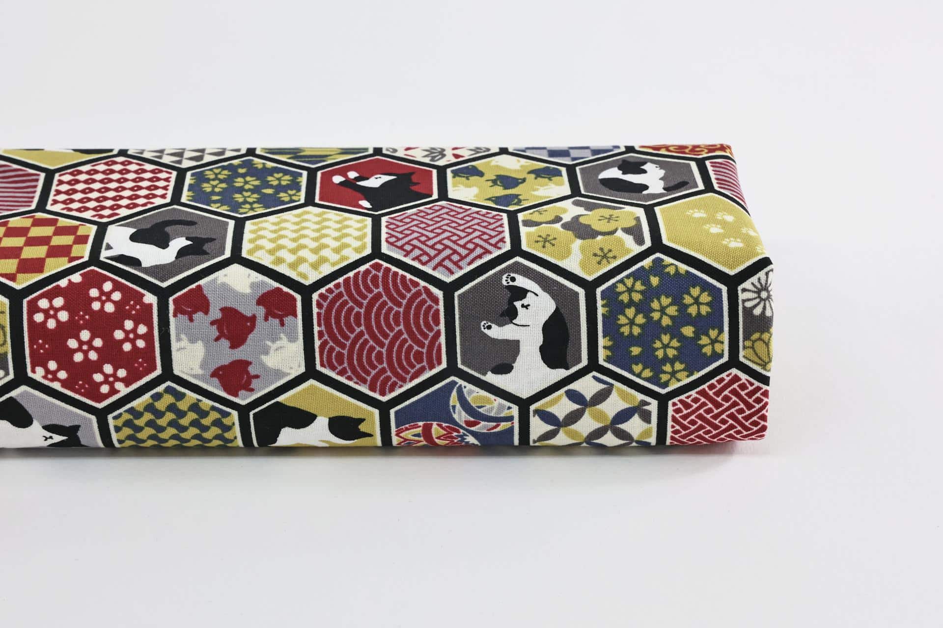 Japanese fabric cats and red geometric patterns