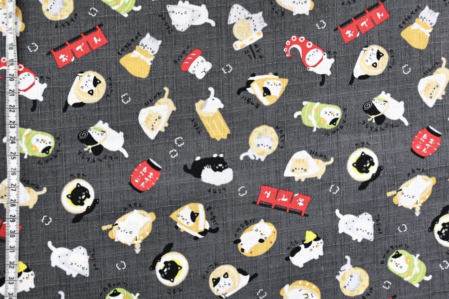 Japanese kawaii Oden Neko fabric black background