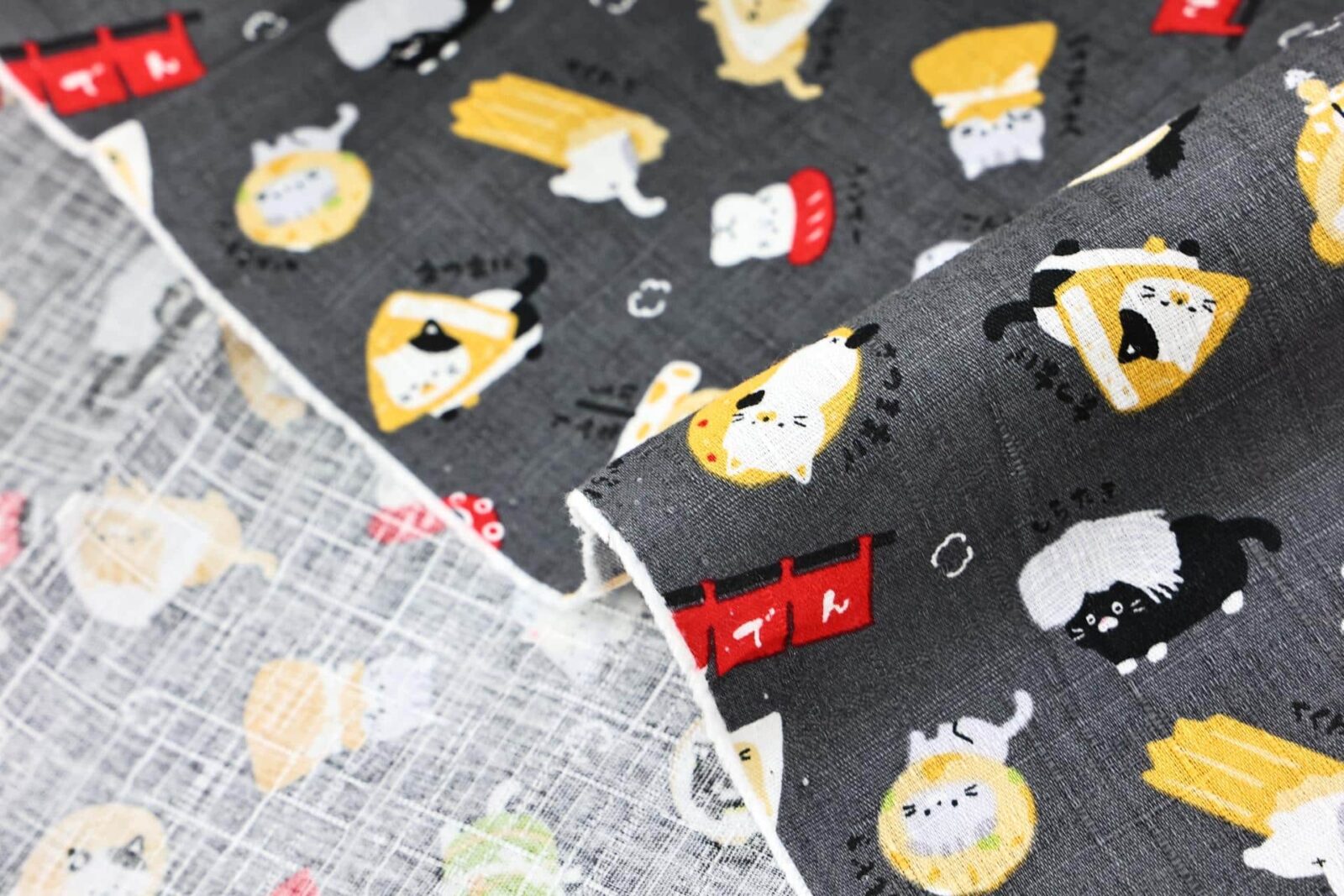 Japanese kawaii Oden Neko fabric black background