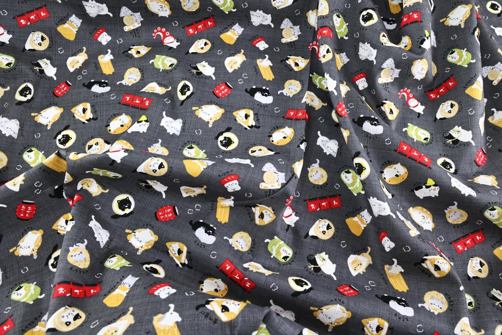 Japanese kawaii Oden Neko fabric black background