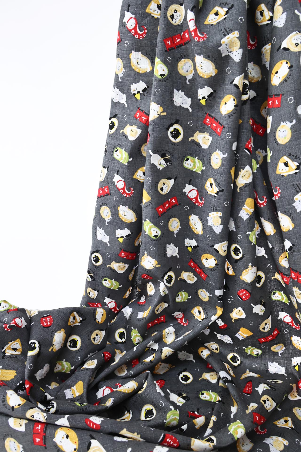Japanese kawaii Oden Neko fabric black background