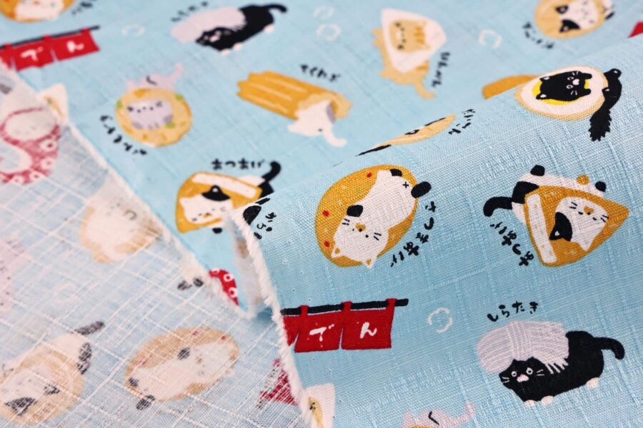 Japanese kawaii Oden Neko fabric blue background