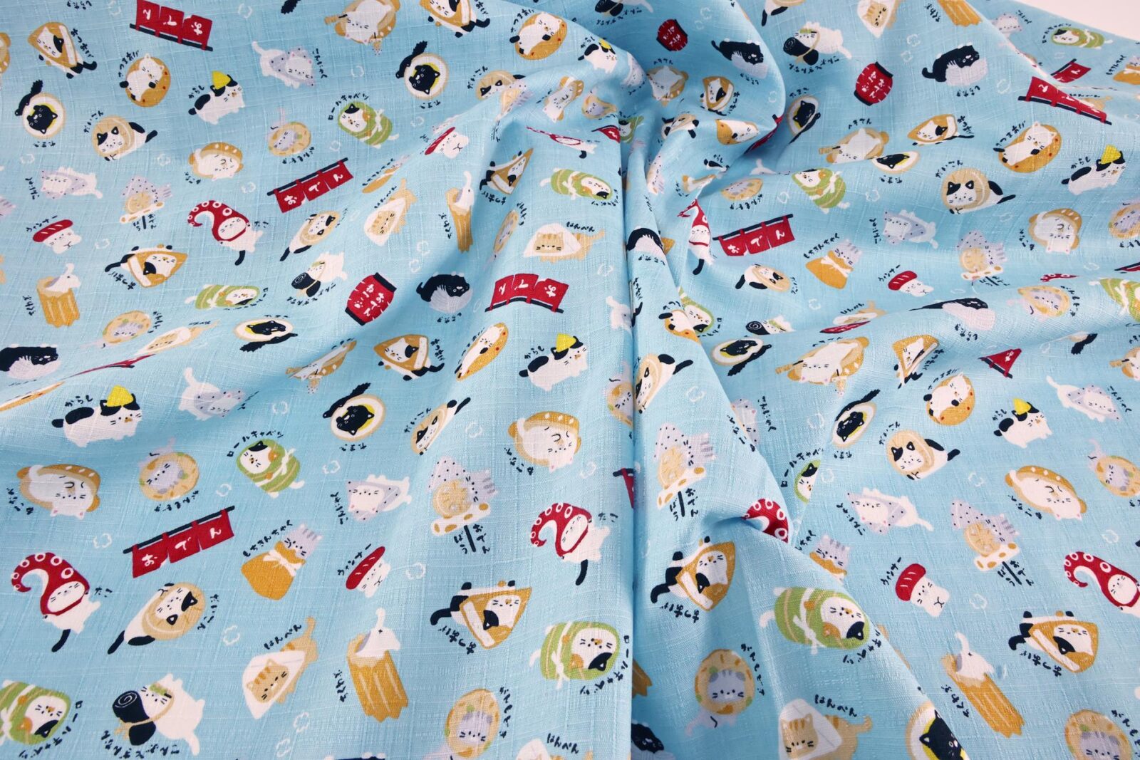 Japanese kawaii Oden Neko fabric blue background