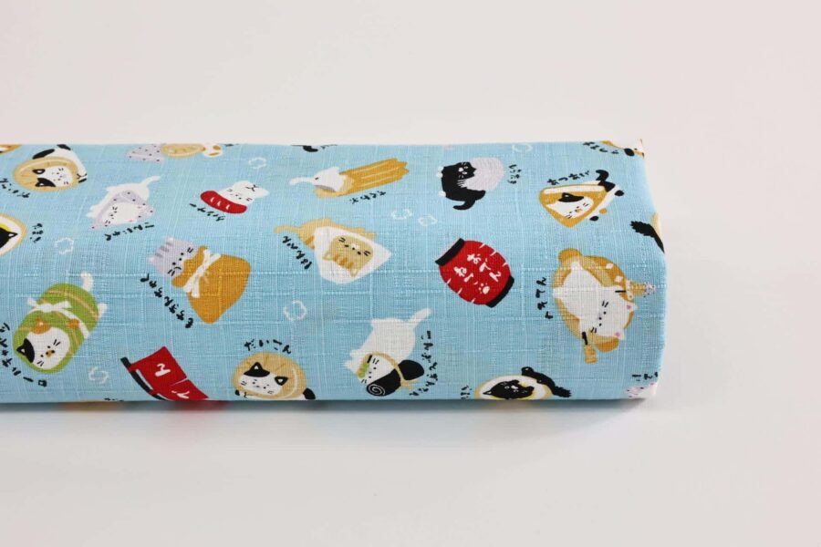 Japanese kawaii Oden Neko fabric blue background