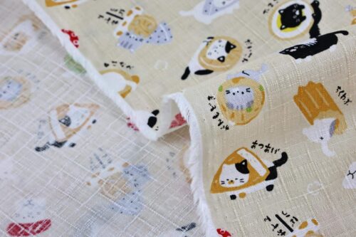 Japanese kawaii Oden Neko fabric cream background