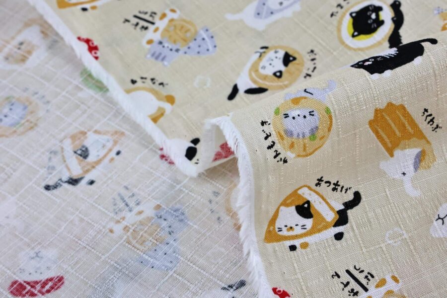 Japanese kawaii Oden Neko fabric cream background