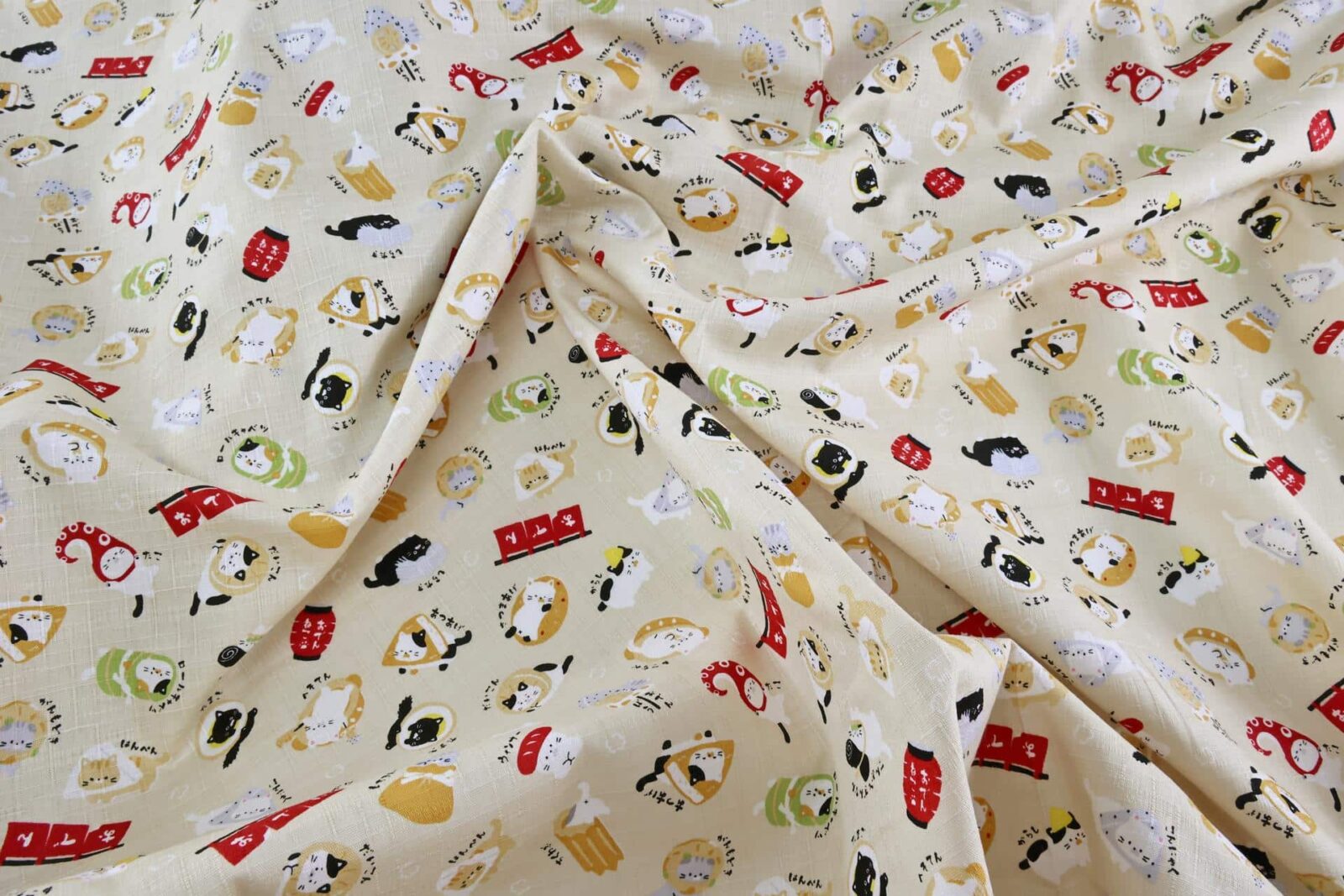 Japanese kawaii Oden Neko fabric cream background