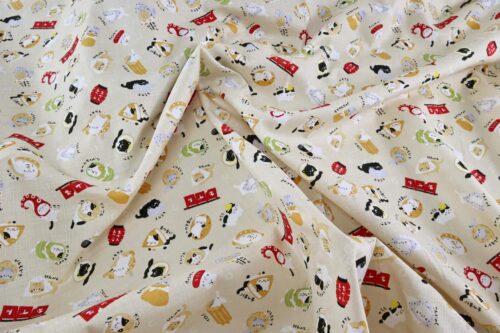 Japanese kawaii Oden Neko fabric cream background