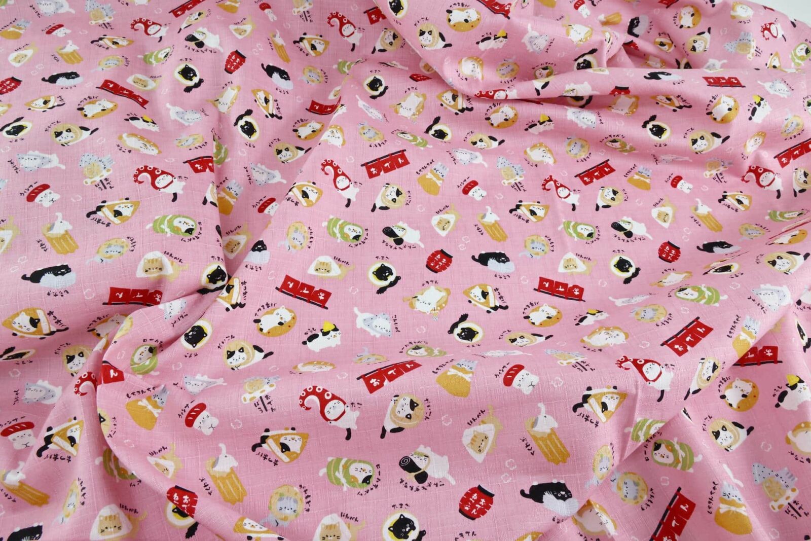 Japanese kawaii Oden Neko fabric pink background