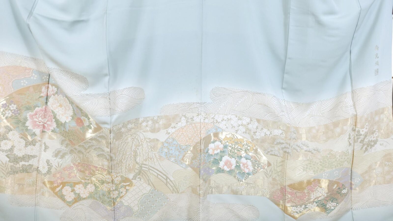 Light blue-grey Tomesode with golden fans