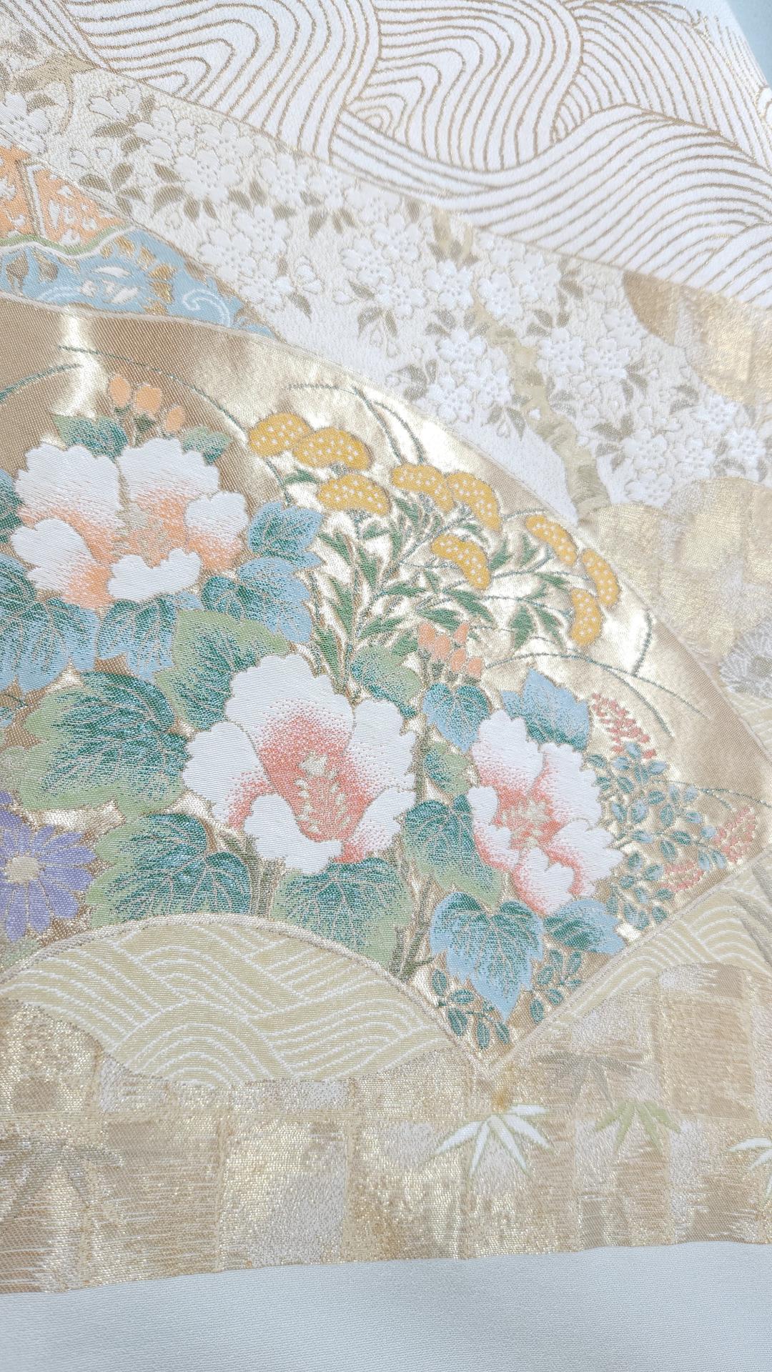 Light blue-grey Tomesode with golden fans